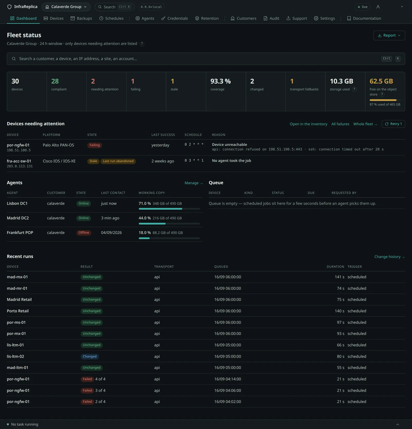 Fleet status for one customer: thirty devices, twenty-eight compliant, then the two needing attention — each with its platform, its last success and the reason it is being reported.
