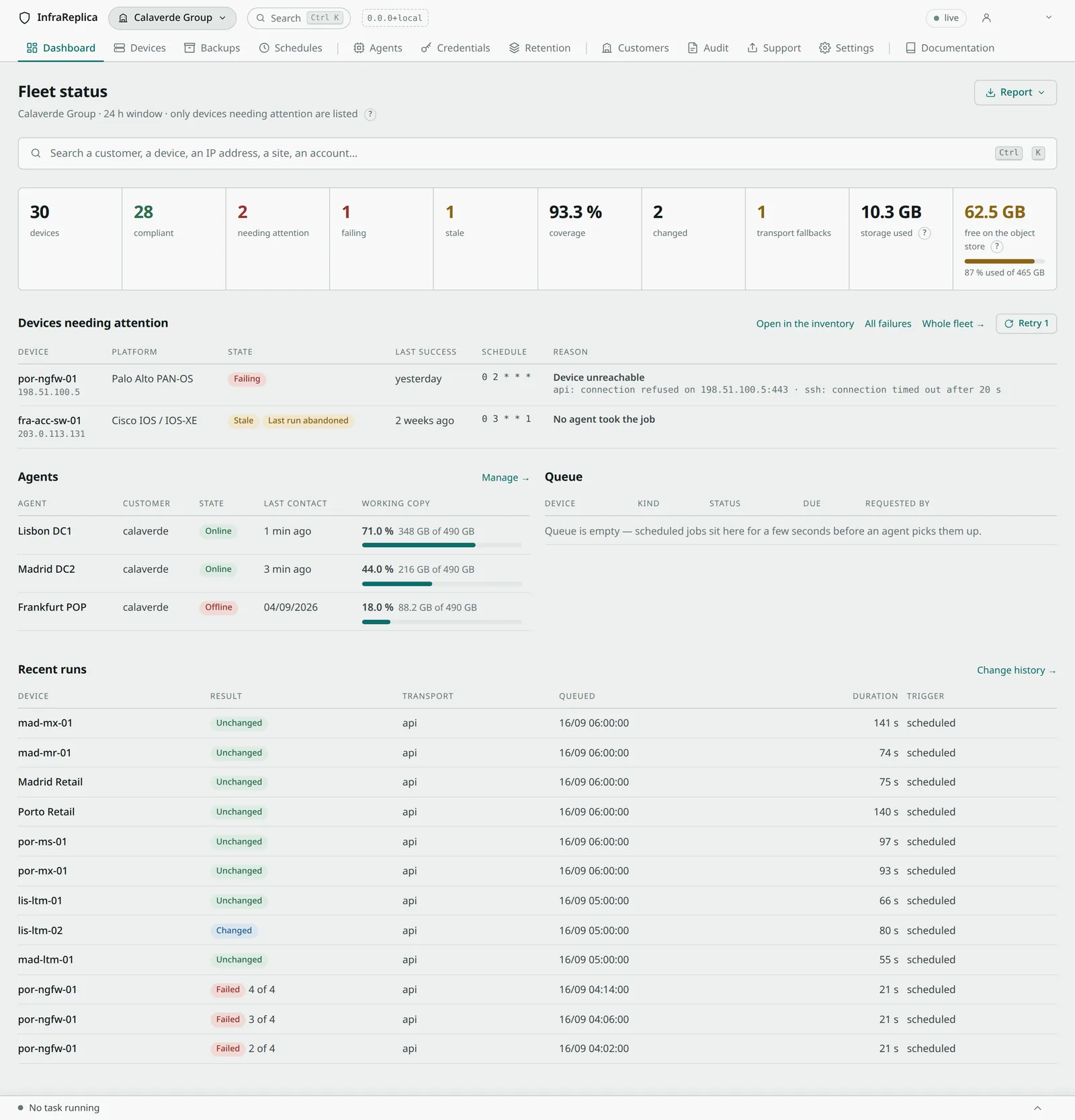 Fleet status for one customer: thirty devices, twenty-eight compliant, then the two needing attention — each with its platform, its last success and the reason it is being reported.