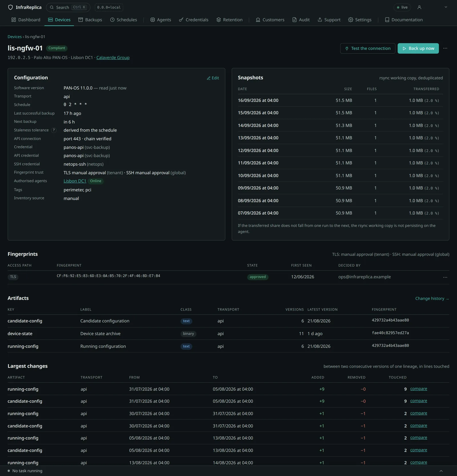 One device: its platform, its schedule, its versions and the changes between them, on a single screen.