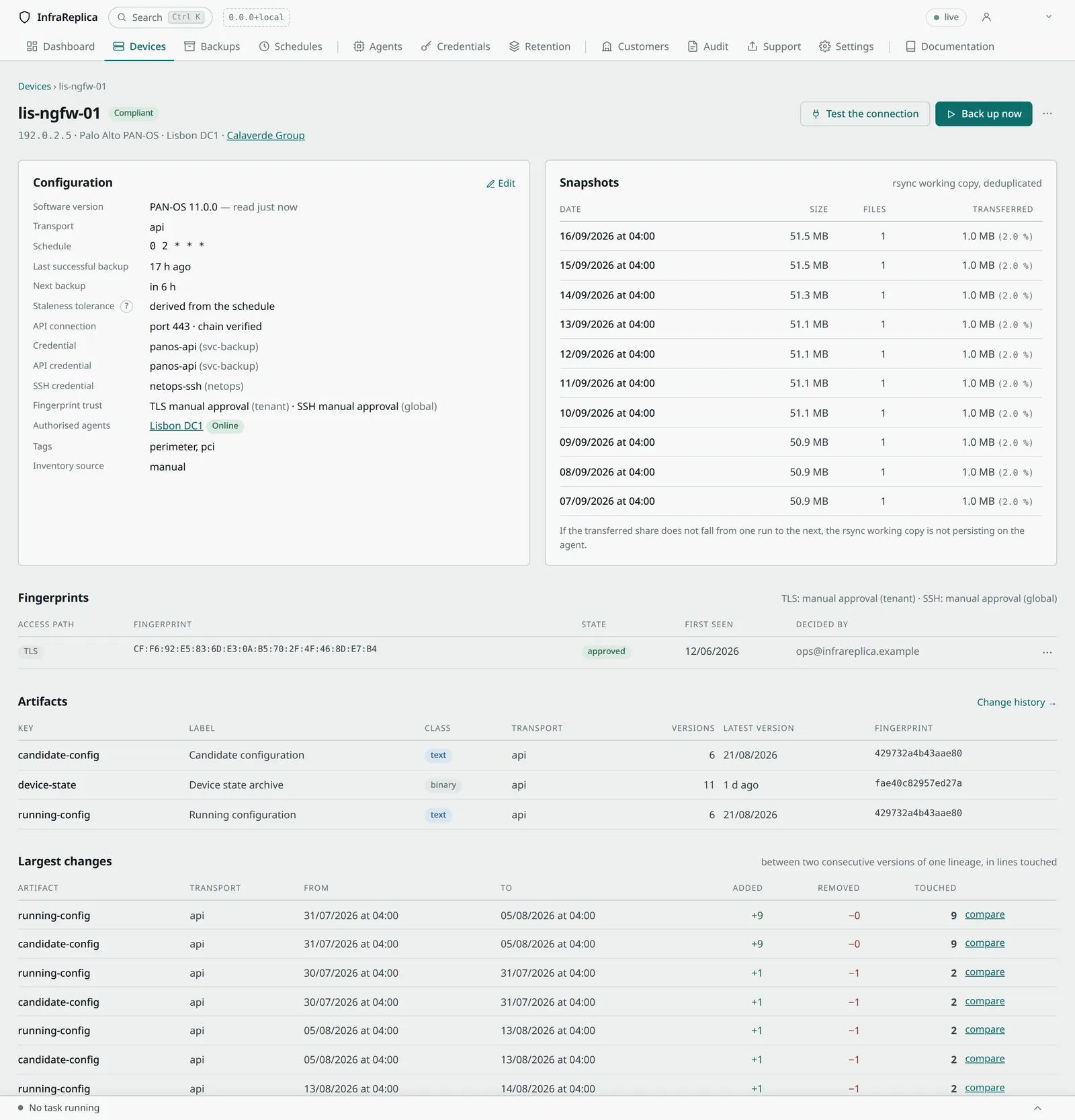 One device: its platform, its schedule, its versions and the changes between them, on a single screen.