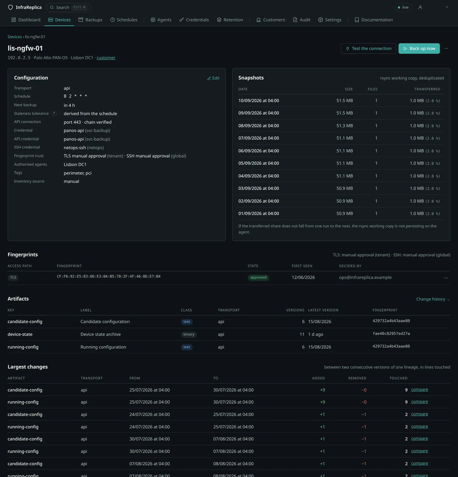 A device sheet: configuration, fingerprints, artifacts, snapshots and run history.