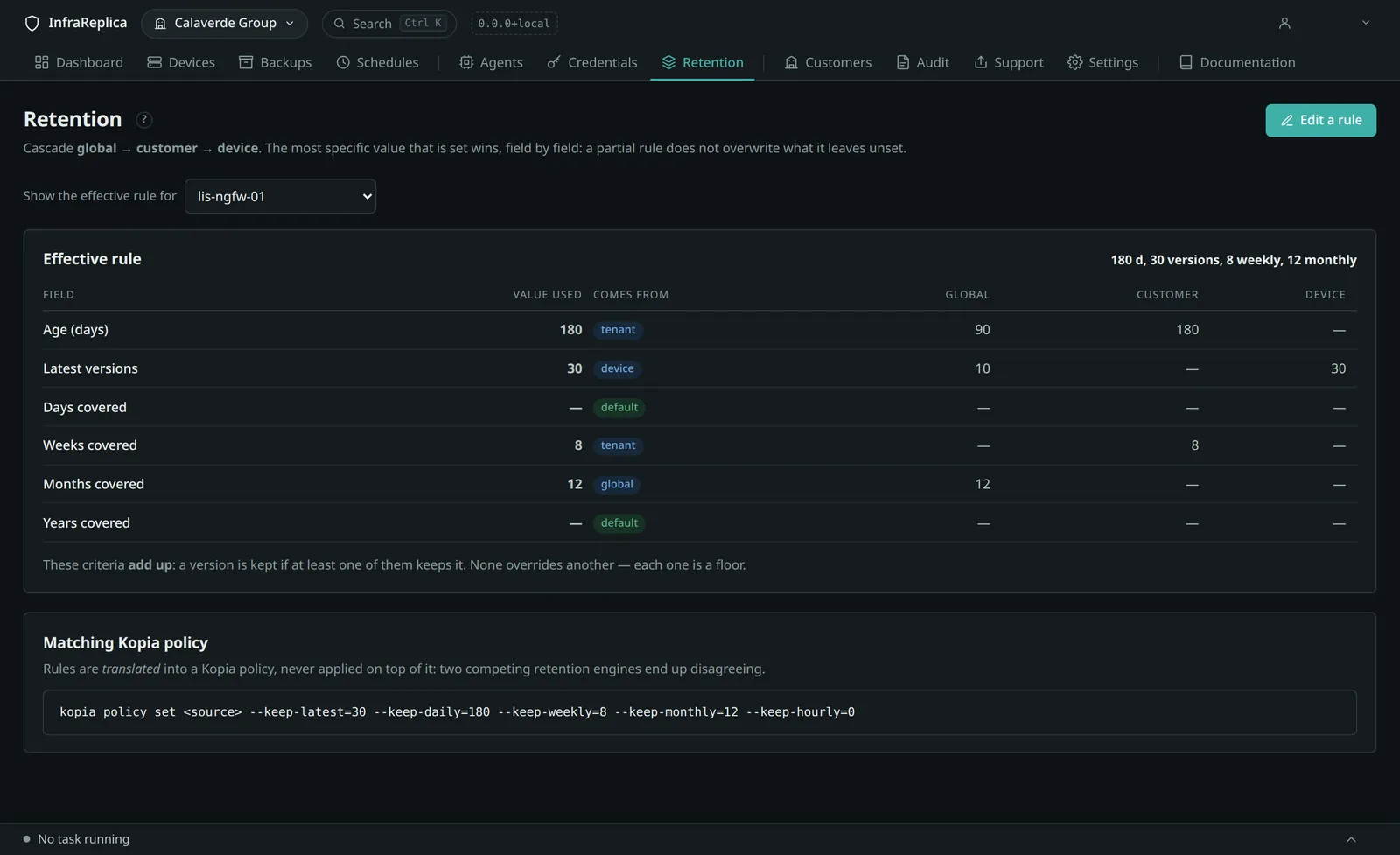 Retention screen: the effective rule field by field, with the level each value comes from — global, customer or device.