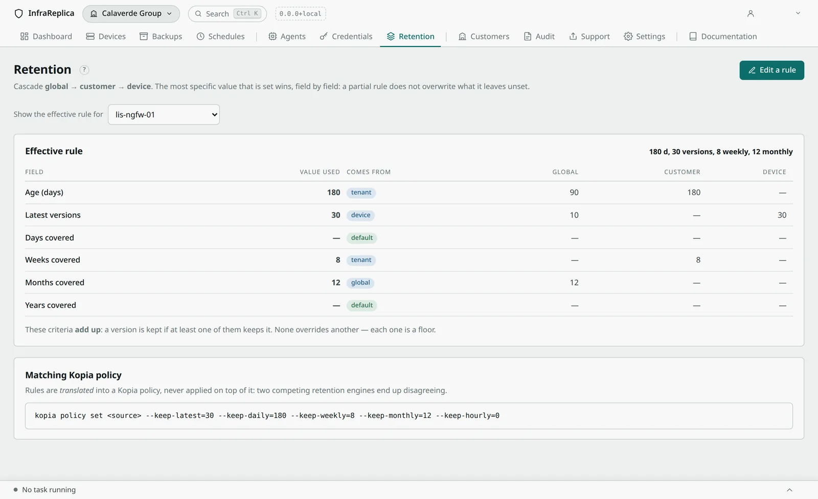 Retention screen: the effective rule field by field, with the level each value comes from — global, customer or device.