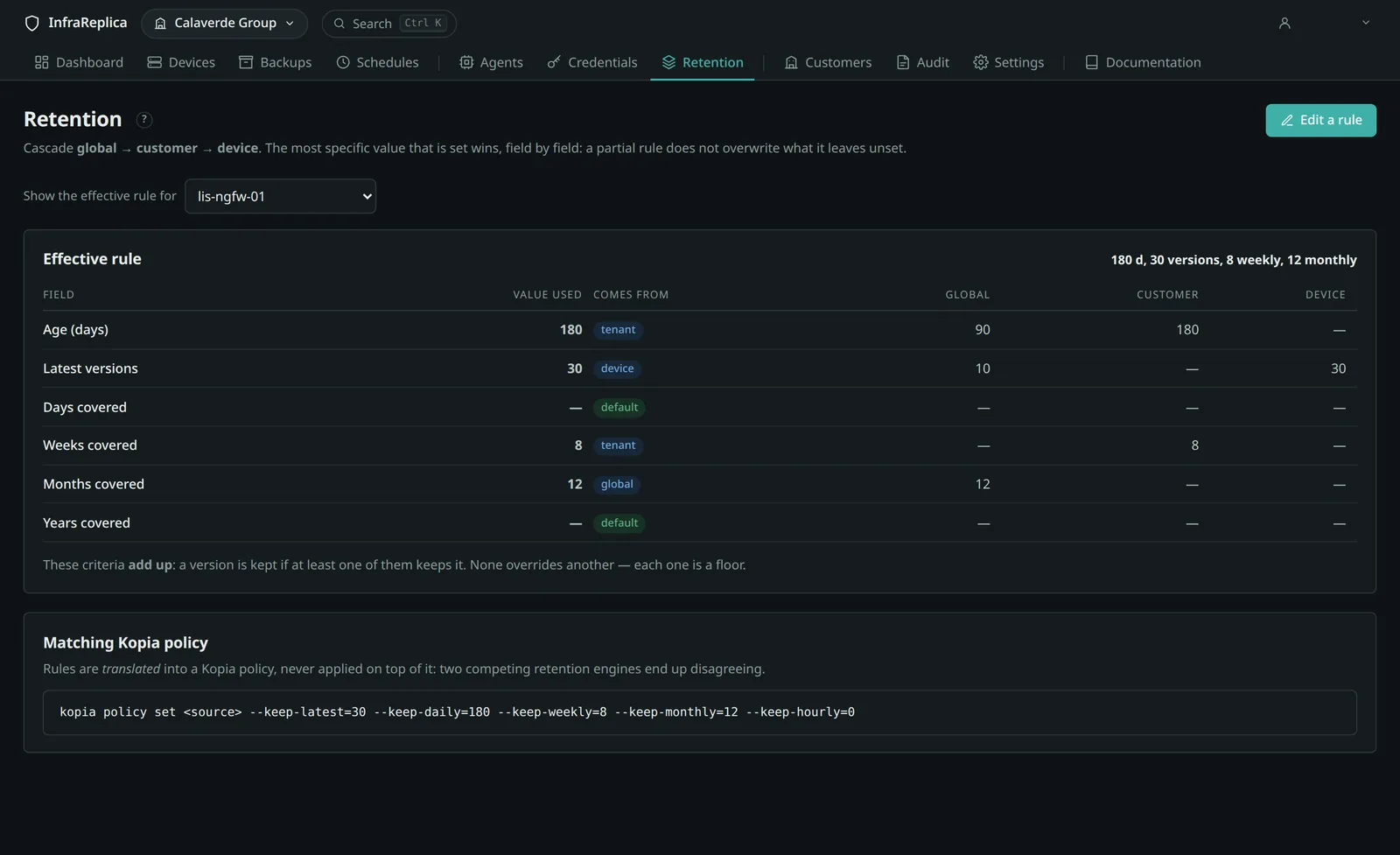 Retention screen: the effective rule field by field, with the level each value comes from — global, customer or device.