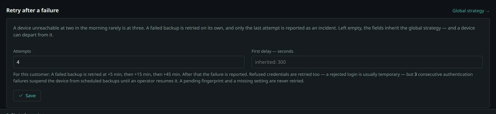 Retry settings on a customer: two fields left empty and inheriting the global strategy, under a sentence spelling out what the device will actually do.