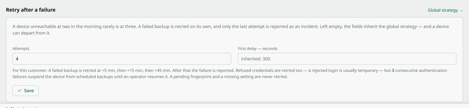 Retry settings on a customer: two fields left empty and inheriting the global strategy, under a sentence spelling out what the device will actually do.