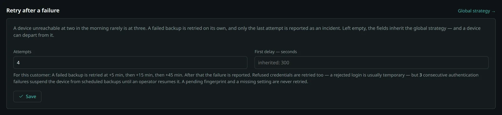 Retry settings on a customer: two fields left empty and inheriting the global strategy, under a sentence spelling out what the device will actually do.