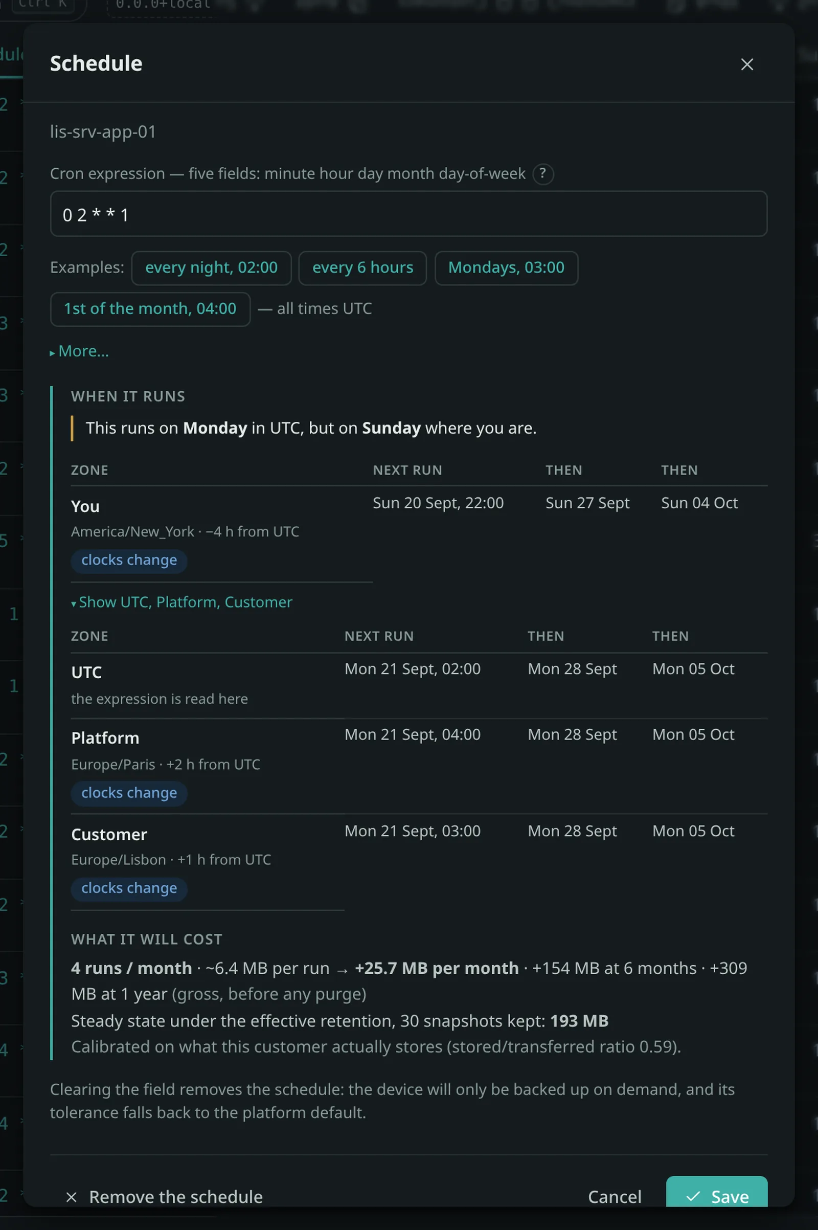 Schedule editor on “0 2 * * 1”: the volume this cadence will add, then the next three occurrences read in UTC, in the platform’s zone, in the customer’s and in the reader’s — where the same instant falls on Sunday evening.
