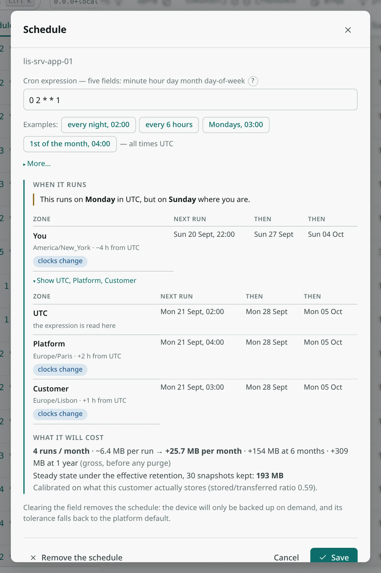 Schedule editor on “0 2 * * 1”: the volume this cadence will add, then the next three occurrences read in UTC, in the platform’s zone, in the customer’s and in the reader’s — where the same instant falls on Sunday evening.