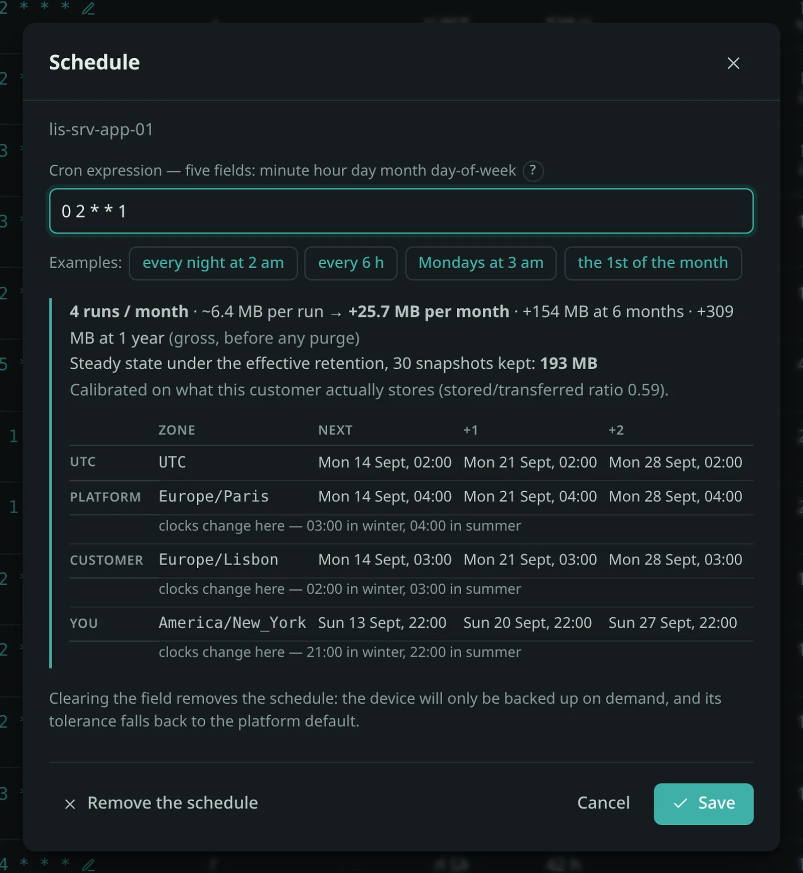 Schedule editor on “0 2 * * 1”: the volume this cadence will add, then the next three occurrences read in UTC, in the platform’s zone, in the customer’s and in the reader’s — where the same instant falls on Sunday evening.