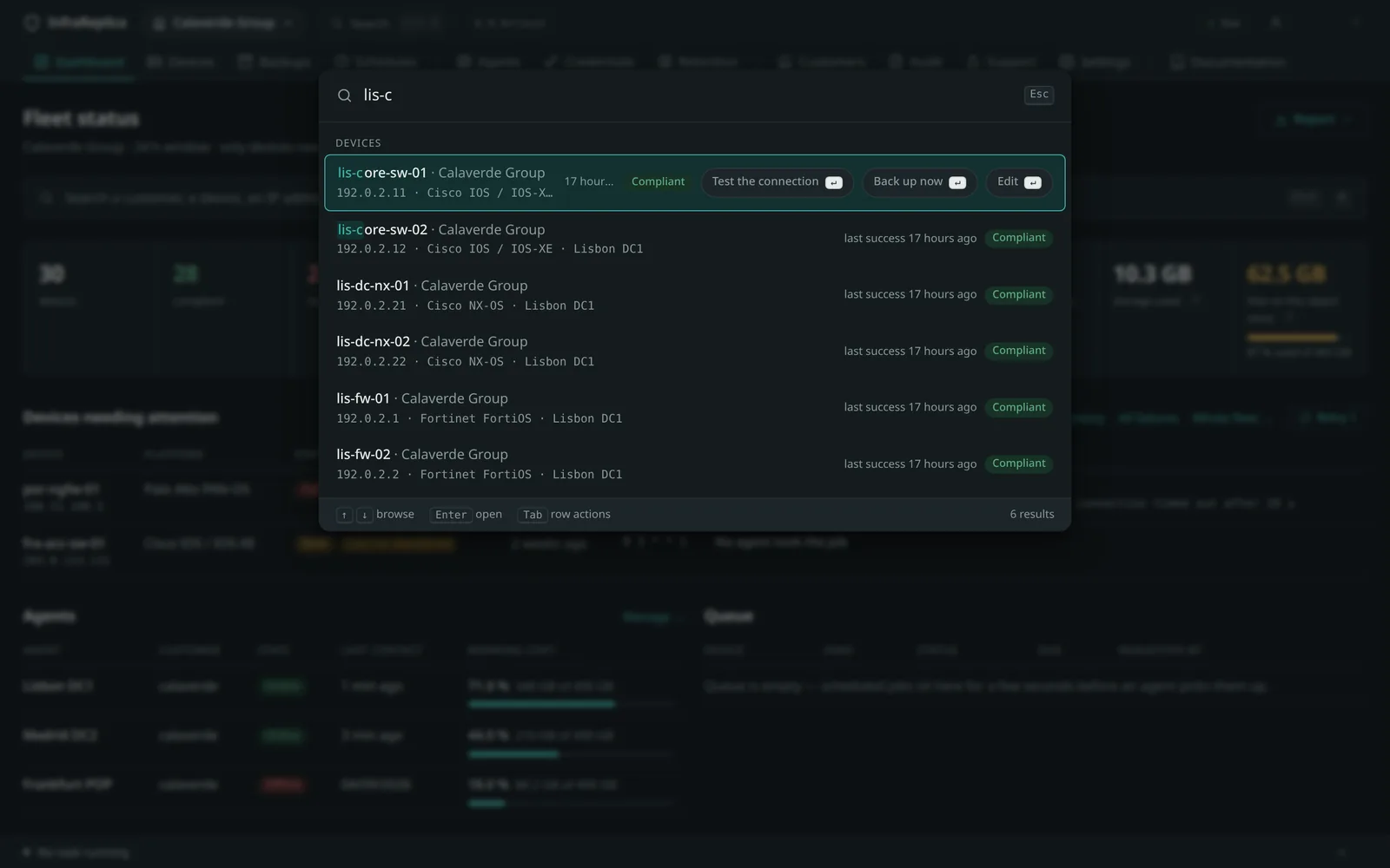 One search field: a device name typed in part, and its state, its customer and its last backup returned before the page has loaded.