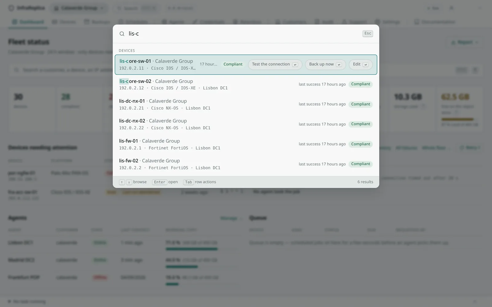 One search field: a device name typed in part, and its state, its customer and its last backup returned before the page has loaded.
