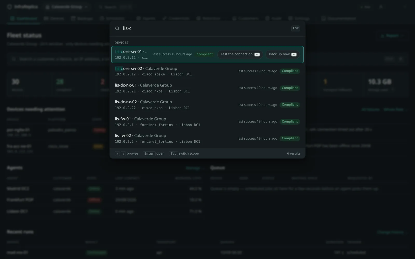 Search opened on “lis-c”: six devices, each with its customer, address, platform, last success and state.